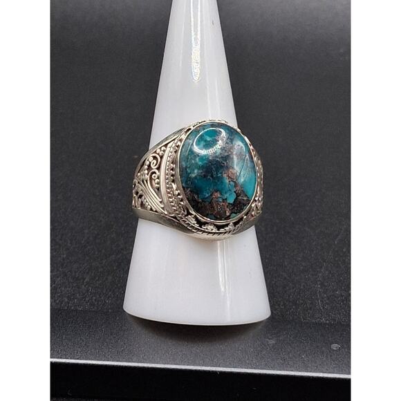 Vintage Turquoise Unisex Ring, Adjustable, Sterling Silver, Balinese Style - Picture 1 of 9